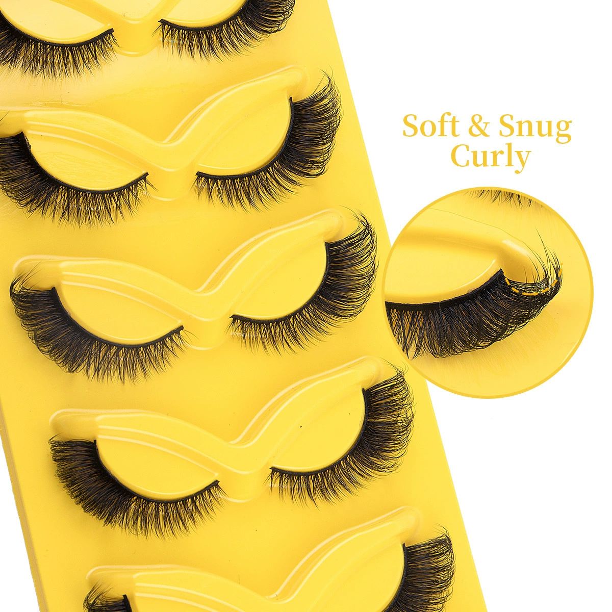 3D Mink False Eyelashes Natural Look 5 Pairs Wispy Fluffy Style Yellow Tray Cat view 3