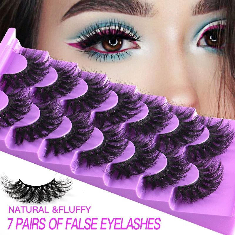 False Eyelashes,18mm Wispy Lashes,Fluffy Cat Eye Lashes,Thick Soft Curly Fake Creates a Darker,Fuller Look Lashes Natural Look,7 Pairs Pack (Thick)