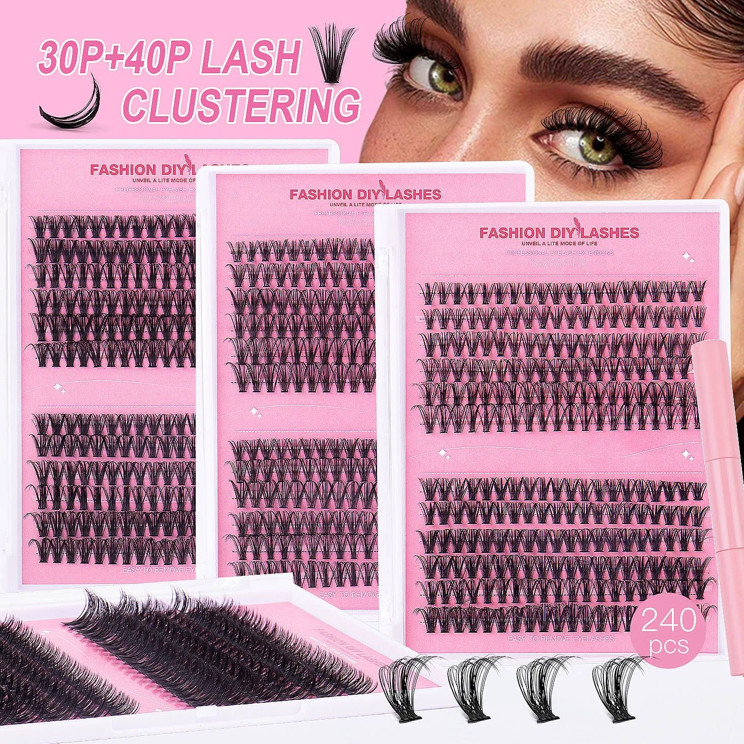 Lash Extensions Cluster DIY Lashes 240pcs 30D 80D 10-16mm Eyelash Clusters Individual Lashes Lash Kit Think Band Lash Kit