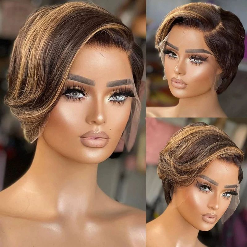 13x4 Pixie Cut Short Bob Wig Highlight Honey Blonde Brown Color Straight Short Bob Transparent Lace Front Human Hair Wigs For Women Brazilian Virgin Hair 150 Density Pre Plucked