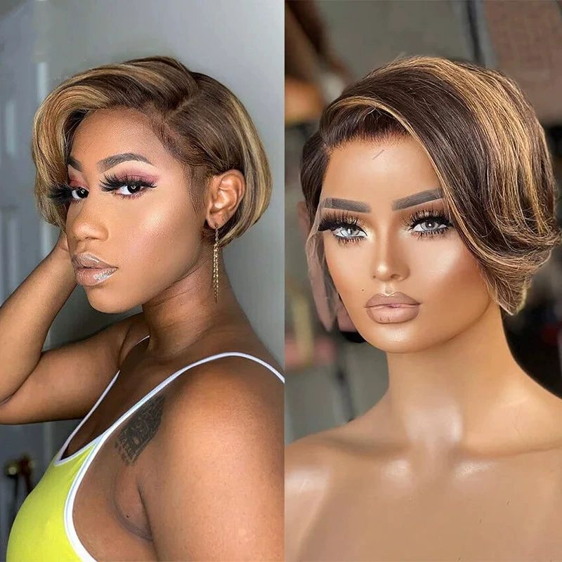 13x4 Pixie Cut Short Bob Wig Highlight Honey Blonde Brown Color Straight Short Bob Transparent Lace Front Human Hair Wigs For Women Brazilian Virgin Hair 150 Density Pre Plucked