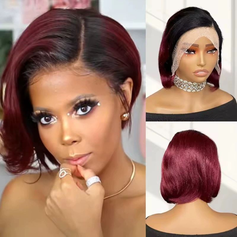 13x4 Pixie Cut Short Bob Wig Highlight Honey Blonde Brown Color Straight Short Bob Transparent Lace Front Human Hair Wigs For Women Brazilian Virgin Hair 150 Density Pre Plucked