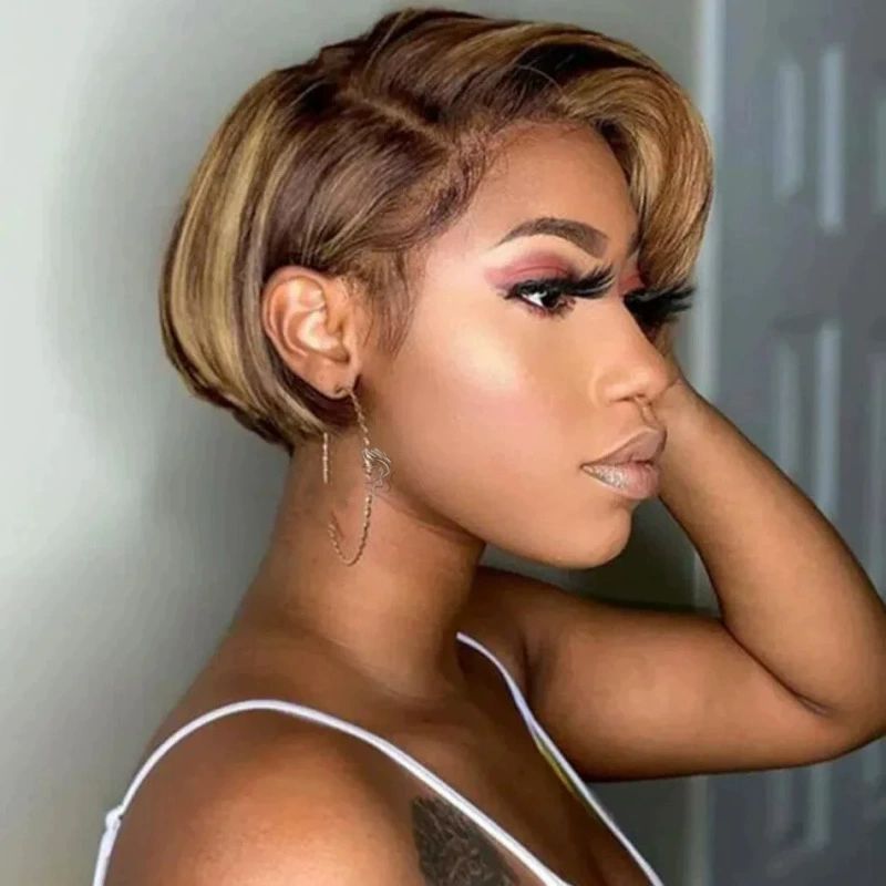 13x4 Pixie Cut Short Bob Wig Highlight Honey Blonde Brown Color Straight Short Bob Transparent Lace Front Human Hair Wigs For Women Brazilian Virgin Hair 150 Density Pre Plucked