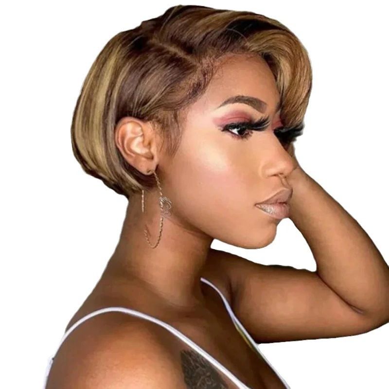 13x4 Pixie Cut Short Bob Wig Highlight Honey Blonde Brown Color Straight Short Bob Transparent Lace Front Human Hair Wigs For Women Brazilian Virgin Hair 150 Density Pre Plucked