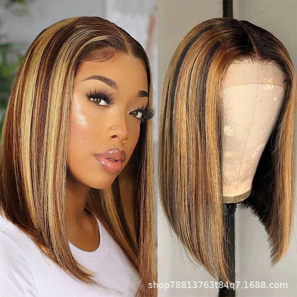 Hd Transparent Wear and Go Glueless P4/27 Highlight Bob Wig Human Hair 13X4 Frontal Lace Wig Ombre Brown Honey Blonde Highlight Blunt Cut Bob Wig Human Hair Lace Front Pre Plucked Wigs For Black Women