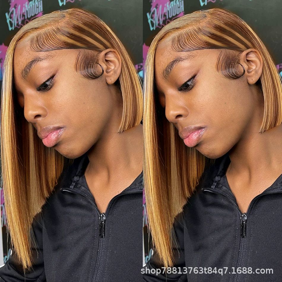 Hd Transparent Wear and Go Glueless P4/27 Highlight Bob Wig Human Hair 13X4 Frontal Lace Wig Ombre Brown Honey Blonde Highlight Blunt Cut Bob Wig Human Hair Lace Front Pre Plucked Wigs For Black Women