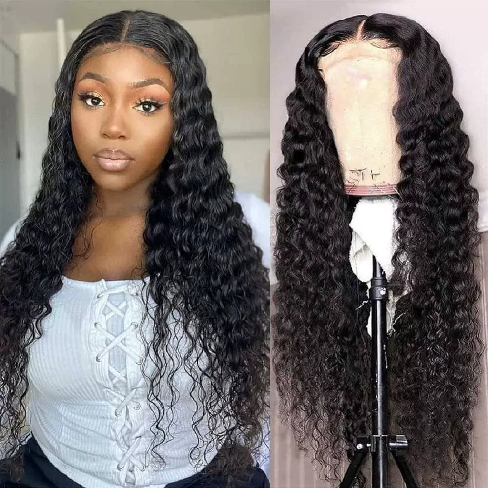 Glueless Wear and Go Lace Front Wigs Human Hair for Women Deep Wave Curly Wig No Glue Ready to Wear 5x5 Lace Pre Cut Wig Pre Plucked with Baby Hair 180% Density Natural Hairline 16 Inch