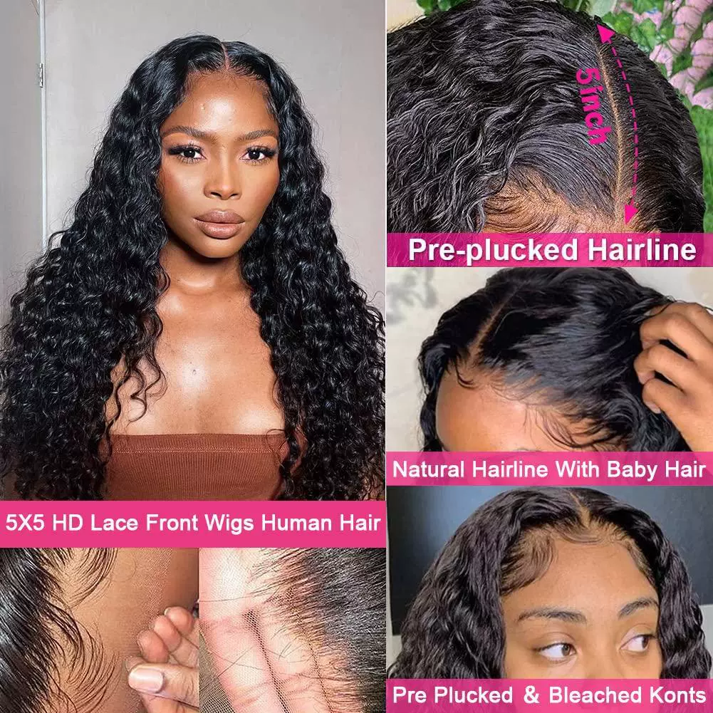 Glueless Wear and Go Lace Front Wigs Human Hair for Women Deep Wave Curly Wig No Glue Ready to Wear 5x5 Lace Pre Cut Wig Pre Plucked with Baby Hair 180% Density Natural Hairline 16 Inch