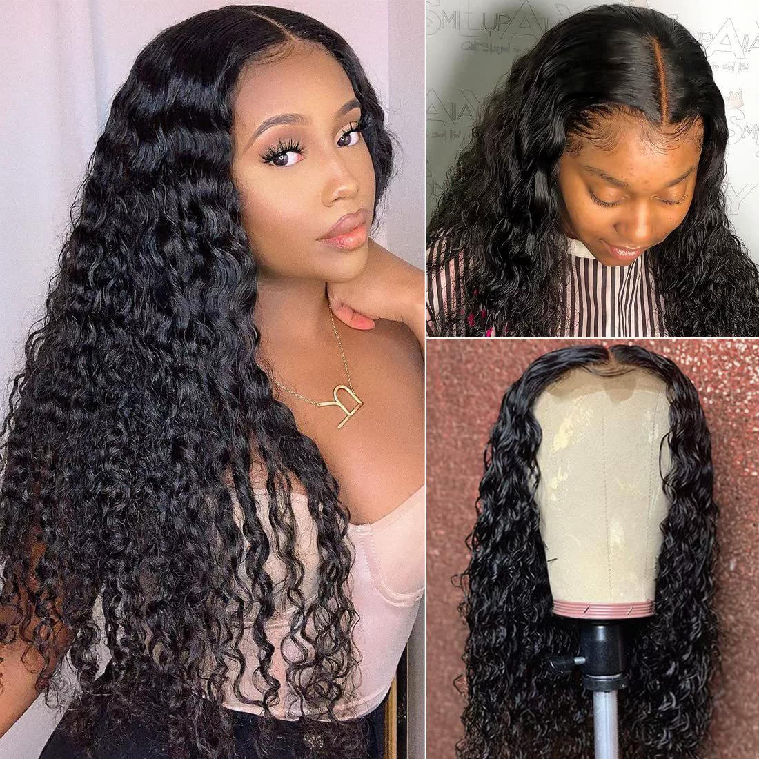 Glueless Wear and Go Lace Front Wigs Human Hair for Women Deep Wave Curly Wig No Glue Ready to Wear 5x5 Lace Pre Cut Wig Pre Plucked with Baby Hair 180% Density Natural Hairline 16 Inch