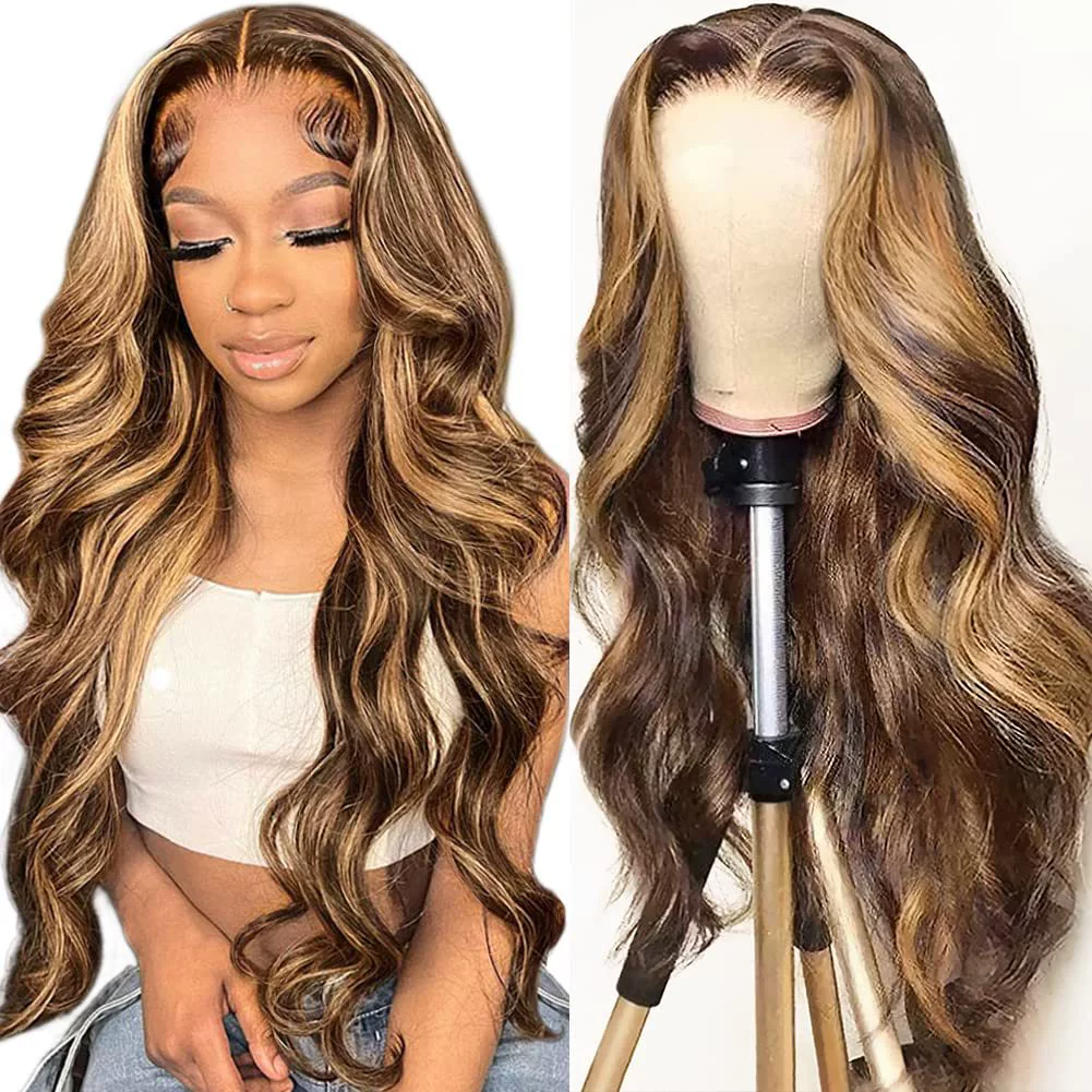 20 Inch  13x4 HD Lace Closure Wigs Human Hair Wear and Go Glueless Wigs Pre Plucked Pre Cut 180% Highlight Ombre Lace Front Wig 4/27 HD Honey Blonde Wig Human Hair