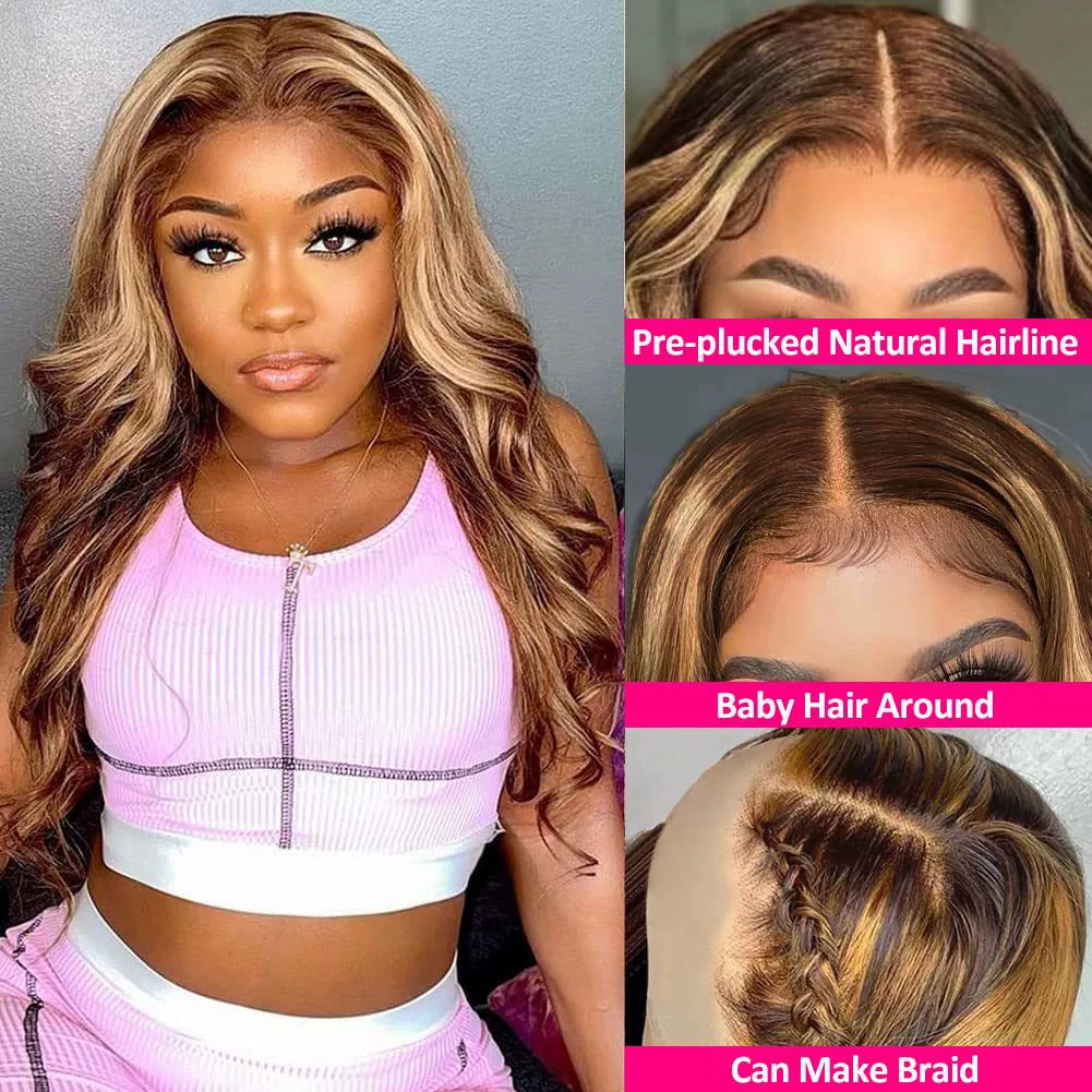 20 Inch  13x4 HD Lace Closure Wigs Human Hair Wear and Go Glueless Wigs Pre Plucked Pre Cut 180% Highlight Ombre Lace Front Wig 4/27 HD Honey Blonde Wig Human Hair