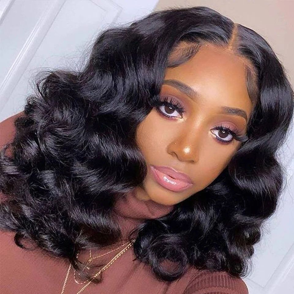 100% Human Hair Wigs Loose Wave Glueless Lace Front 12 Inches, Pre Cut Plucked Hd Lace Short Wig Ready To Go Natural Color Straight Bleached Knots Side Part Black Wigs