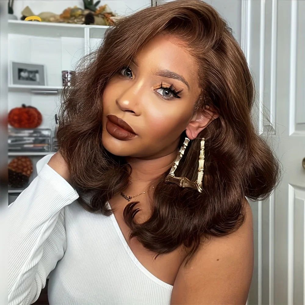 100% Human Hair Wigs Loose Wave Glueless Lace Front 12 Inches, Pre Cut Plucked Hd Lace Short Wig Ready To Go Natural Color Straight Bleached Knots Side Part Black Wigs