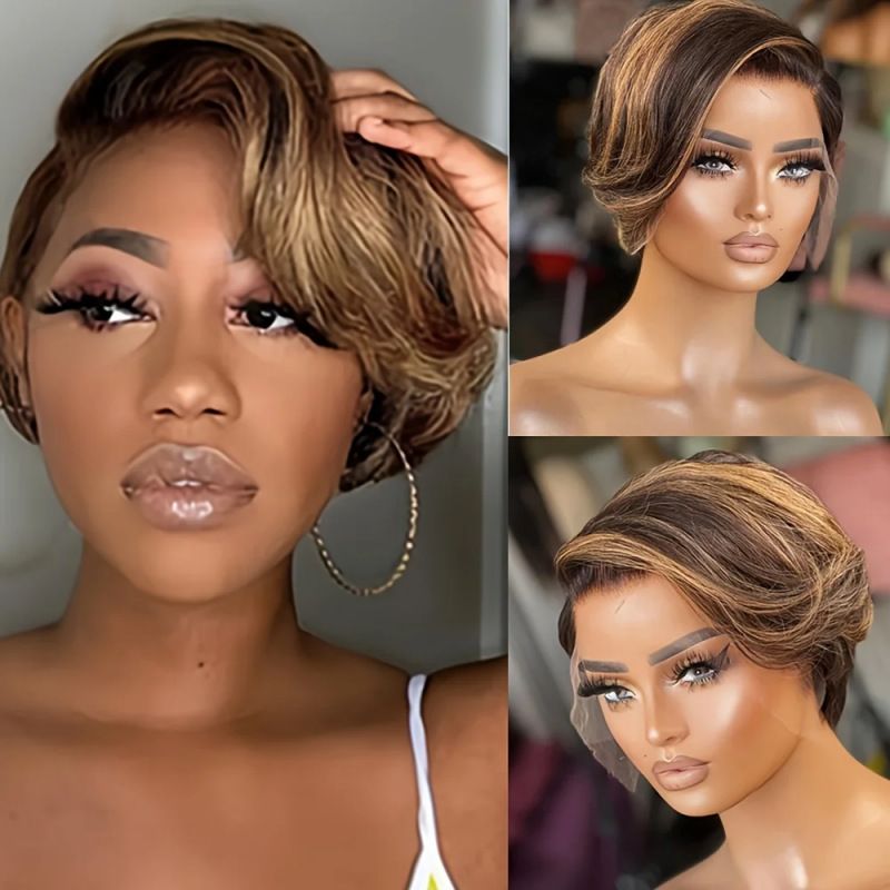 13x4 Pixie Cut Short Bob Wig Highlight Honey Blonde Brown Color Straight Short Bob Transparent Lace Front Human Hair Wigs For Women Brazilian Virgin Hair 150 Density Pre Plucked