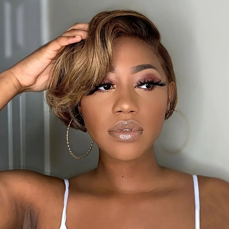 13x4 Pixie Cut Short Bob Wig Highlight Honey Blonde Brown Color Straight Short Bob Transparent Lace Front Human Hair Wigs For Women Brazilian Virgin Hair 150 Density Pre Plucked