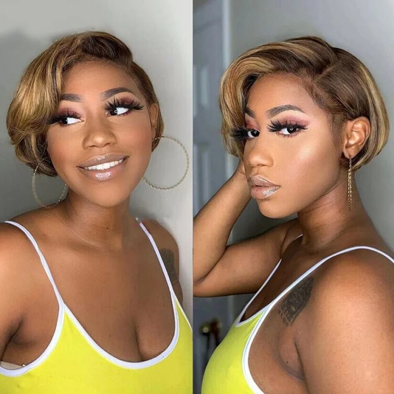 13x4 Pixie Cut Short Bob Wig Highlight Honey Blonde Brown Color Straight Short Bob Transparent Lace Front Human Hair Wigs For Women Brazilian Virgin Hair 150 Density Pre Plucked