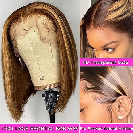 Hd Transparent Wear and Go Glueless P4/27 Highlight Bob Wig Human Hair 13X4 Frontal Lace Wig Ombre Brown Honey Blonde Highlight Blunt Cut Bob Wig Human Hair Lace Front Pre Plucked Wigs For Black Women
