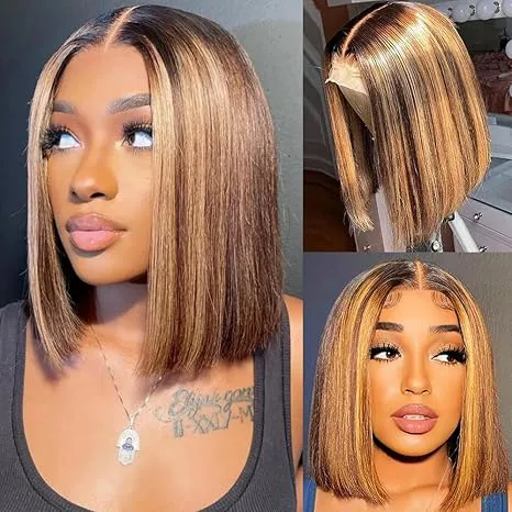 Hd Transparent Wear and Go Glueless P4/27 Highlight Bob Wig Human Hair 13X4 Frontal Lace Wig Ombre Brown Honey Blonde Highlight Blunt Cut Bob Wig Human Hair Lace Front Pre Plucked Wigs For Black Women