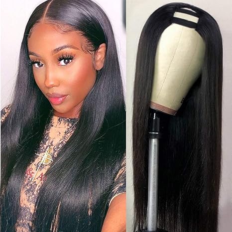 U Part Wig Human Hair Wigs For Black Women Brazilian Straight Human Hair Wigs None Lace Front Wig Glueless Natural Color U-part Wigs Hair Extension Clip(20inch, U-Part wig)