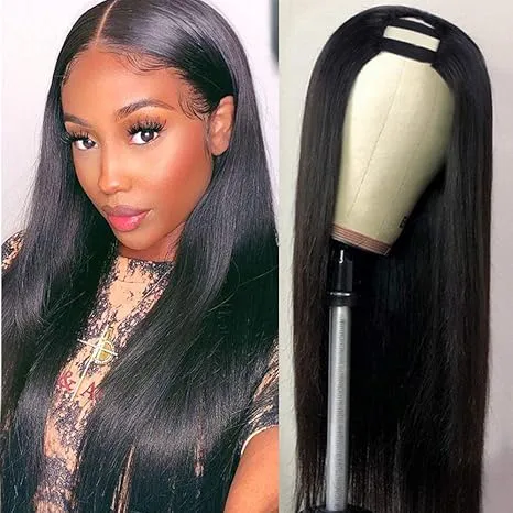U Part Wig Human Hair Wigs For Black Women Brazilian Straight Human Hair Wigs None Lace Front Wig Glueless Natural Color U-part Wigs Hair Extension Clip(20inch, U-Part wig)