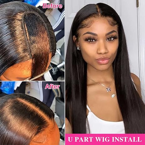 U Part Wig Human Hair Wigs For Black Women Brazilian Straight Human Hair Wigs None Lace Front Wig Glueless Natural Color U-part Wigs Hair Extension Clip(20inch, U-Part wig)