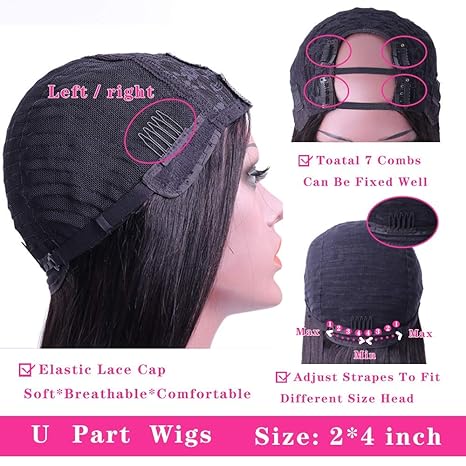 U Part Wig Human Hair Wigs For Black Women Brazilian Straight Human Hair Wigs None Lace Front Wig Glueless Natural Color U-part Wigs Hair Extension Clip(20inch, U-Part wig)