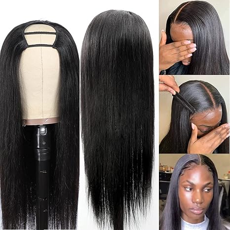 U Part Wig Human Hair Wigs For Black Women Brazilian Straight Human Hair Wigs None Lace Front Wig Glueless Natural Color U-part Wigs Hair Extension Clip(20inch, U-Part wig)