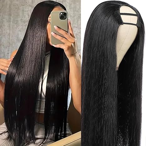 U Part Wig Human Hair Wigs For Black Women Brazilian Straight Human Hair Wigs None Lace Front Wig Glueless Natural Color U-part Wigs Hair Extension Clip(20inch, U-Part wig)