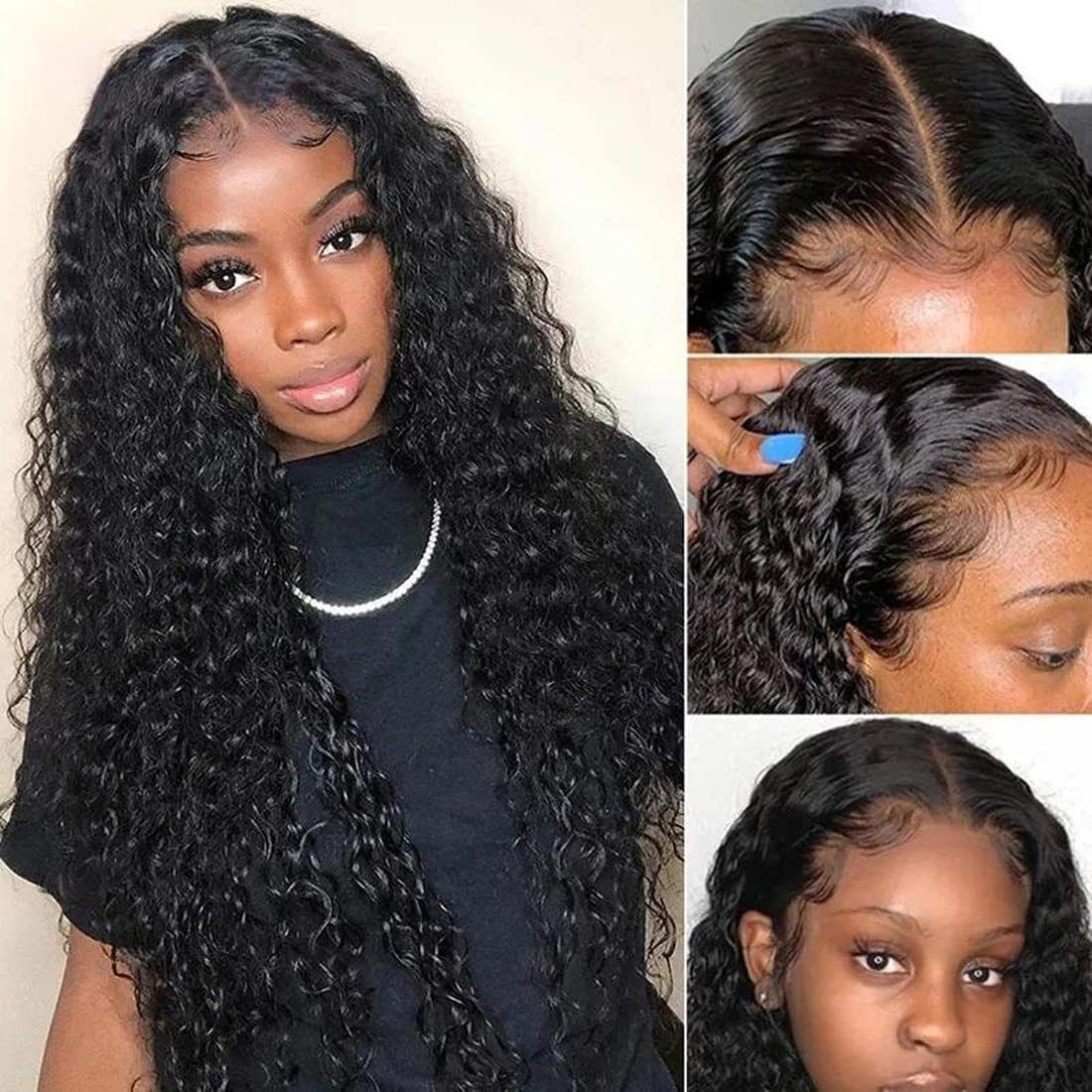 Glueless Wear and Go Lace Front Wigs Human Hair for Women Deep Wave Curly Wig No Glue Ready to Wear 5x5 Lace Pre Cut Wig Pre Plucked with Baby Hair 180% Density Natural Hairline 16 Inch