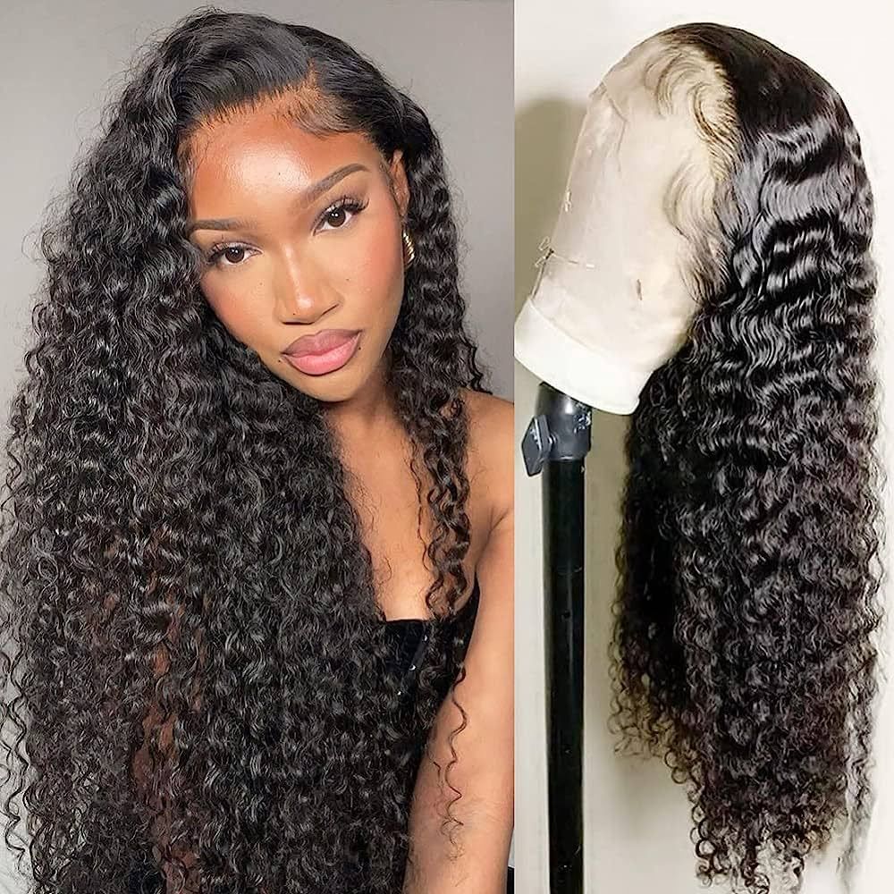 Glueless Wear and Go Lace Front Wigs Human Hair for Women Deep Wave Curly Wig No Glue Ready to Wear 5x5 Lace Pre Cut Wig Pre Plucked with Baby Hair 180% Density Natural Hairline 16 Inch