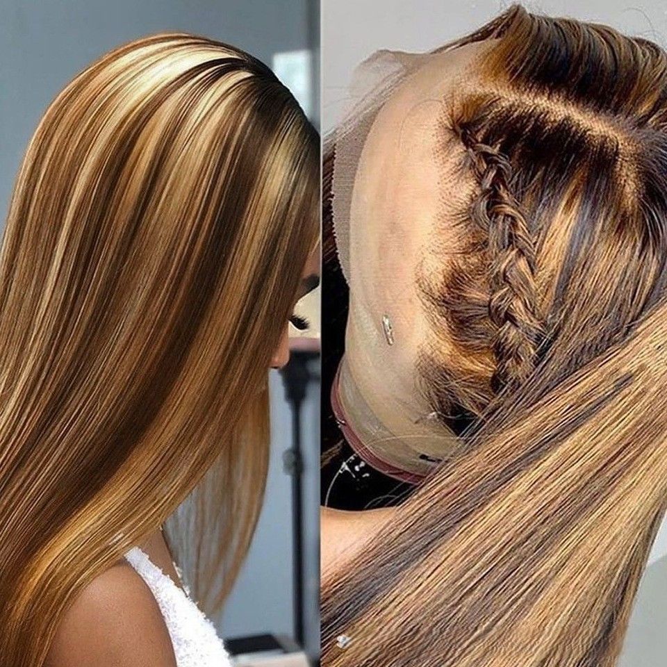 Lace Front Wig Human Hair 28inch 13x6 Straight Highlight Wig Human Hair 180% Density 4/27 Colored Honey Blonde HD Lace Frontal Wigs For Women Glueless Pre Plucked with Baby Hair