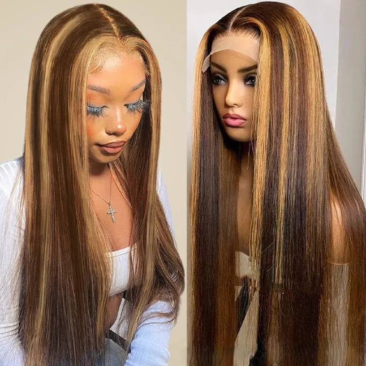 Lace Front Wig Human Hair 28inch 13x6 Straight Highlight Wig Human Hair 180% Density 4/27 Colored Honey Blonde HD Lace Frontal Wigs For Women Glueless Pre Plucked with Baby Hair