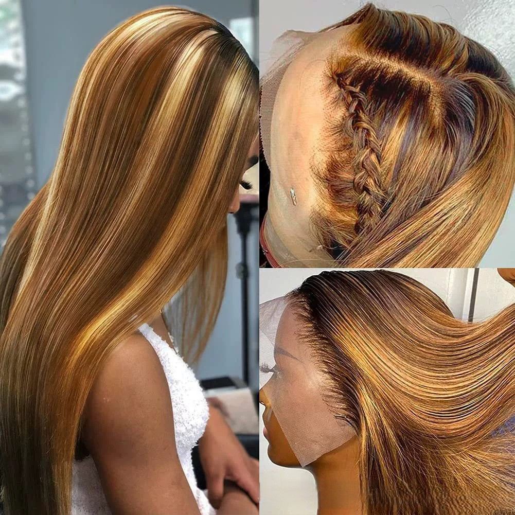 Lace Front Wig Human Hair 28inch 13x6 Straight Highlight Wig Human Hair 180% Density 4/27 Colored Honey Blonde HD Lace Frontal Wigs For Women Glueless Pre Plucked with Baby Hair