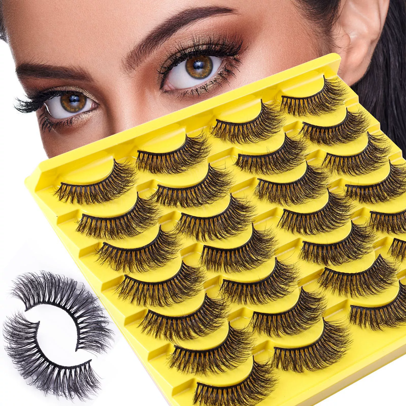14 Pairs 8D False Eyelashes Russian Strip Lashes D Curl Wispy Natural Look Faux Mink Lashes Like Eyelash Extension Fluffy Transparent Band Cat Eye Fake Eyelashes Pack