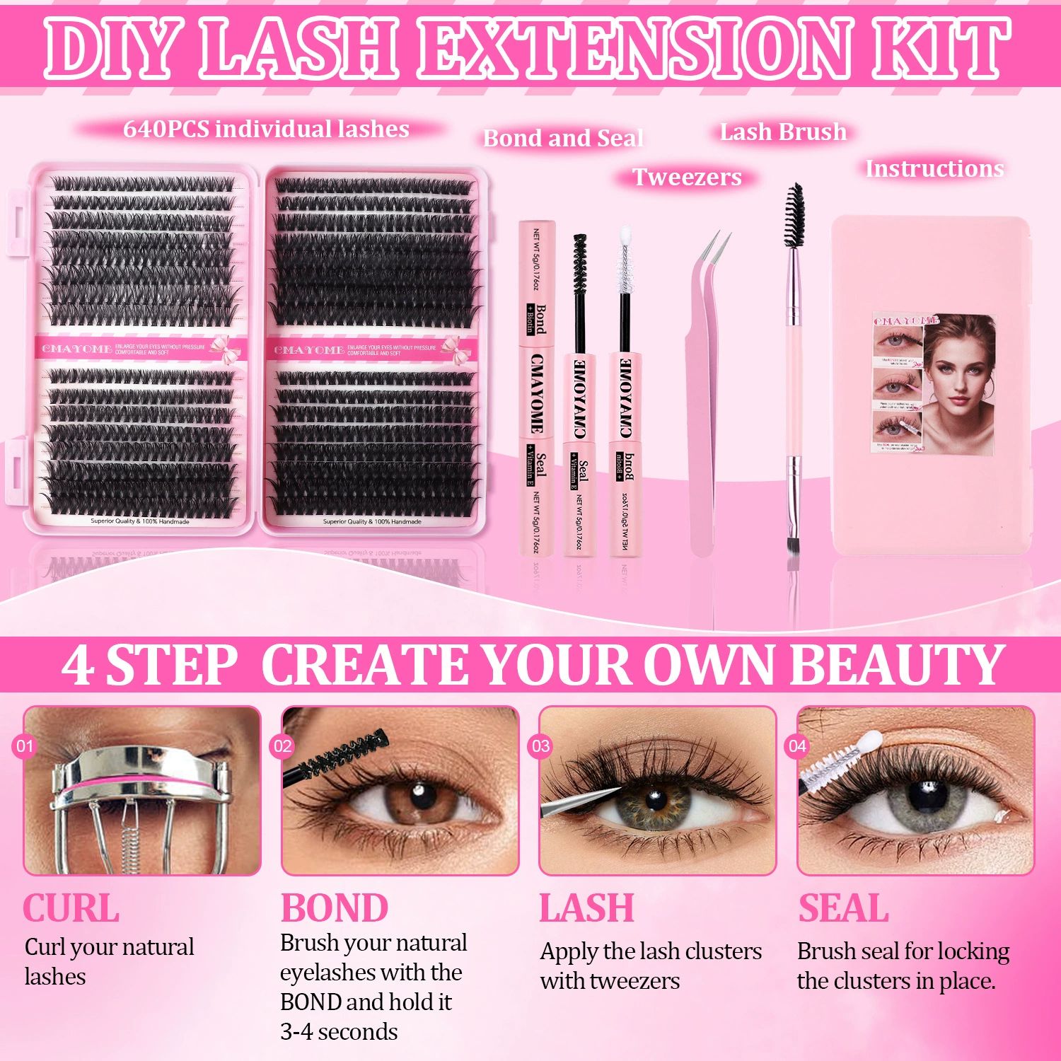 Lash Clusters Kit, 640 Pcs Eyelashes Clusters Extensions Kit 9-16mm Individual Lashes D Curl Fluffy Wispy False Eyelashes, with Bond Seal Remover Tweezers Brush DIY (40D+50D+60D+80D Kit 9-16 mm)