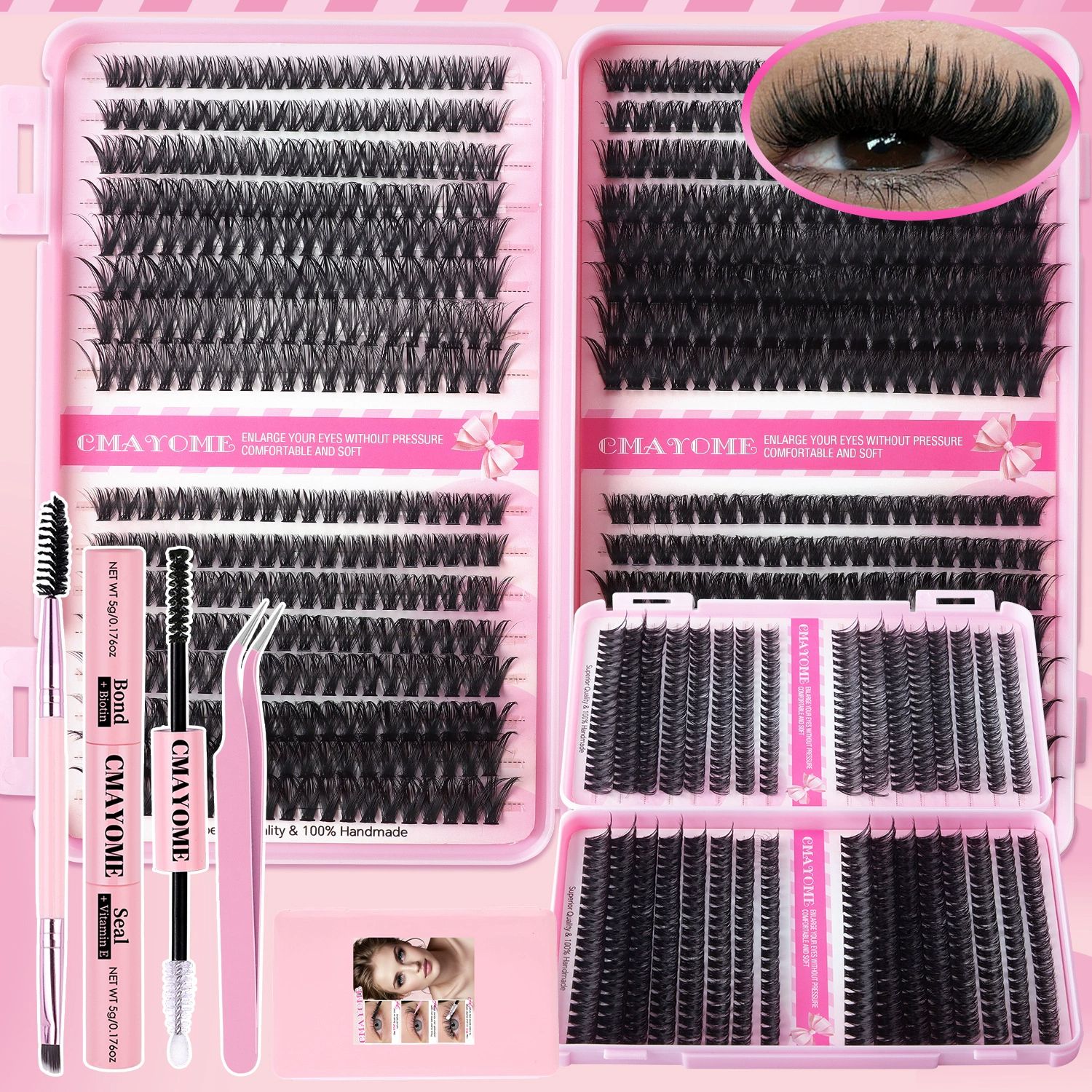Lash Clusters Kit, 640 Pcs Eyelashes Clusters Extensions Kit 9-16mm Individual Lashes D Curl Fluffy Wispy False Eyelashes, with Bond Seal Remover Tweezers Brush DIY (40D+50D+60D+80D Kit 9-16 mm)