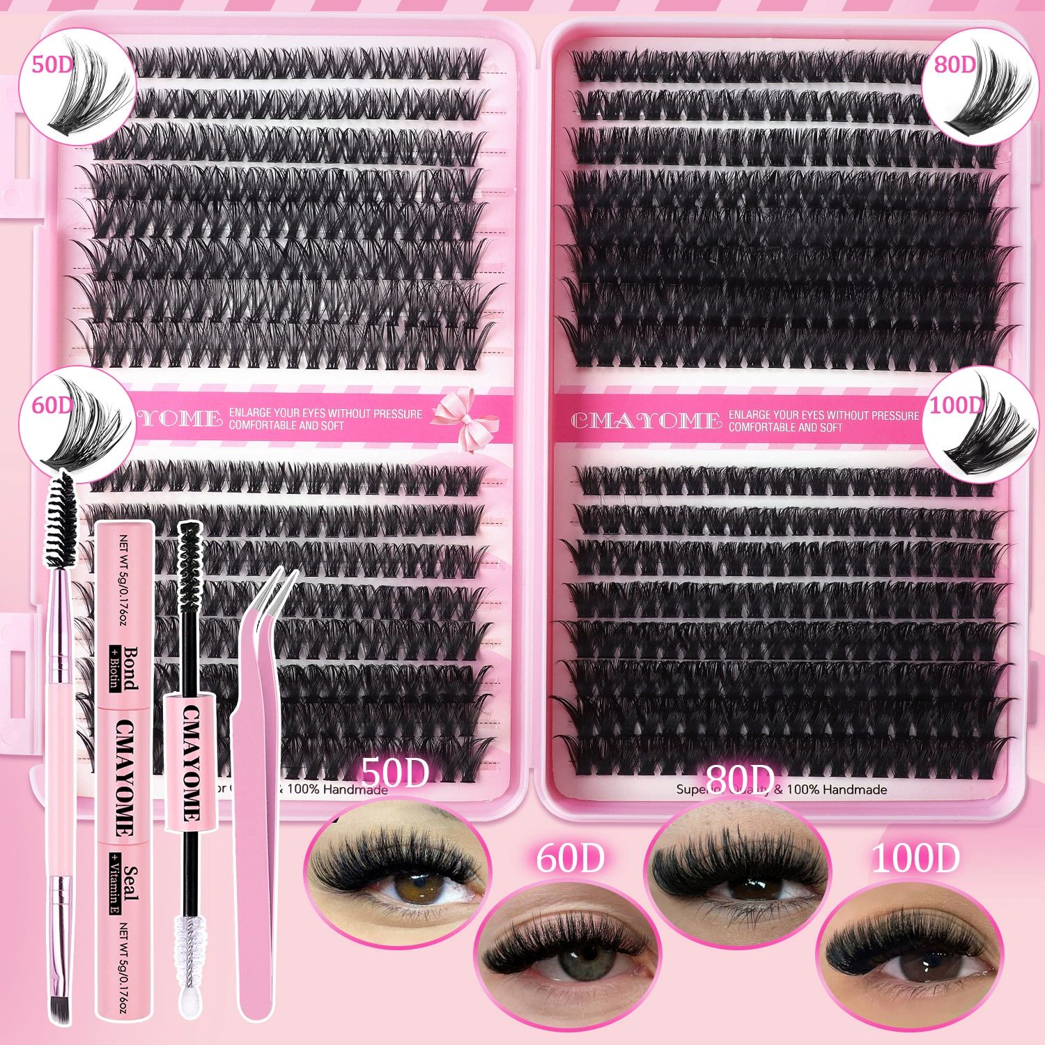 Lash Clusters Kit, 640 Pcs Eyelashes Clusters Extensions Kit 9-16mm Individual Lashes D Curl Fluffy Wispy False Eyelashes, with Bond Seal Remover Tweezers Brush DIY (40D+50D+60D+80D Kit 9-16 mm)