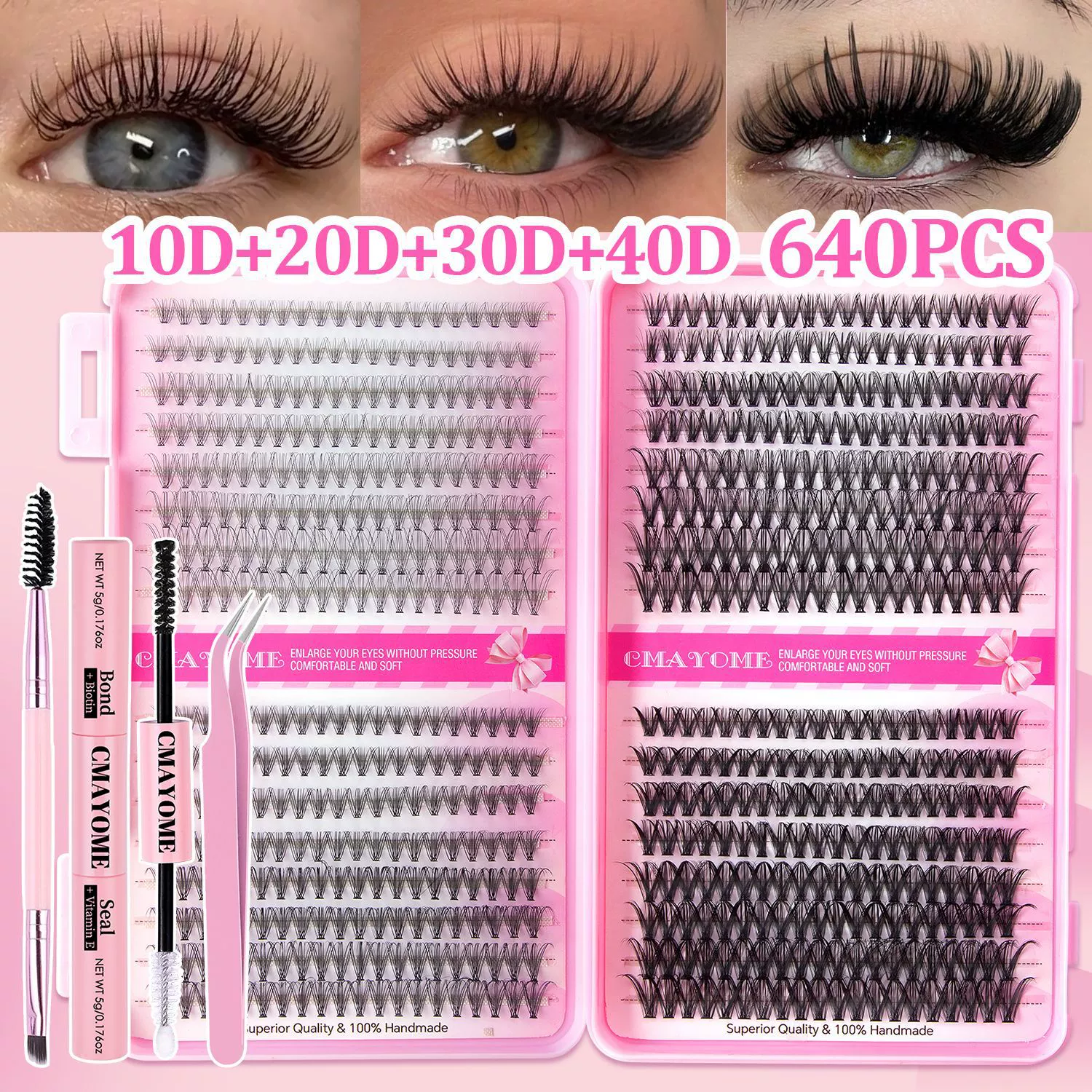 Lash Clusters Kit, 640 Pcs Eyelashes Clusters Extensions Kit 9-16mm Individual Lashes D Curl Fluffy Wispy False Eyelashes, with Bond Seal Remover Tweezers Brush DIY (40D+50D+60D+80D Kit 9-16 mm)
