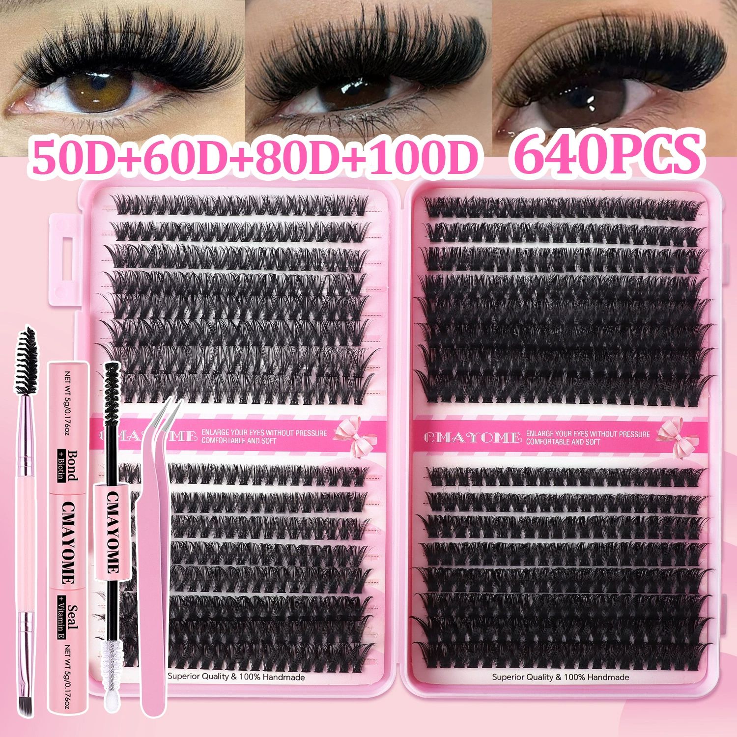 Lash Clusters Kit, 640 Pcs Eyelashes Clusters Extensions Kit 9-16mm Individual Lashes D Curl Fluffy Wispy False Eyelashes, with Bond Seal Remover Tweezers Brush DIY (40D+50D+60D+80D Kit 9-16 mm)