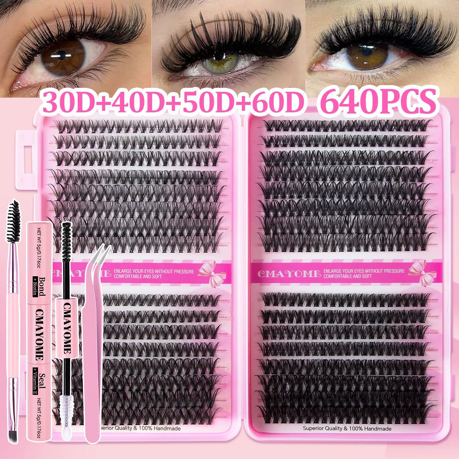 Lash Clusters Kit, 640 Pcs Eyelashes Clusters Extensions Kit 9-16mm Individual Lashes D Curl Fluffy Wispy False Eyelashes, with Bond Seal Remover Tweezers Brush DIY (40D+50D+60D+80D Kit 9-16 mm)