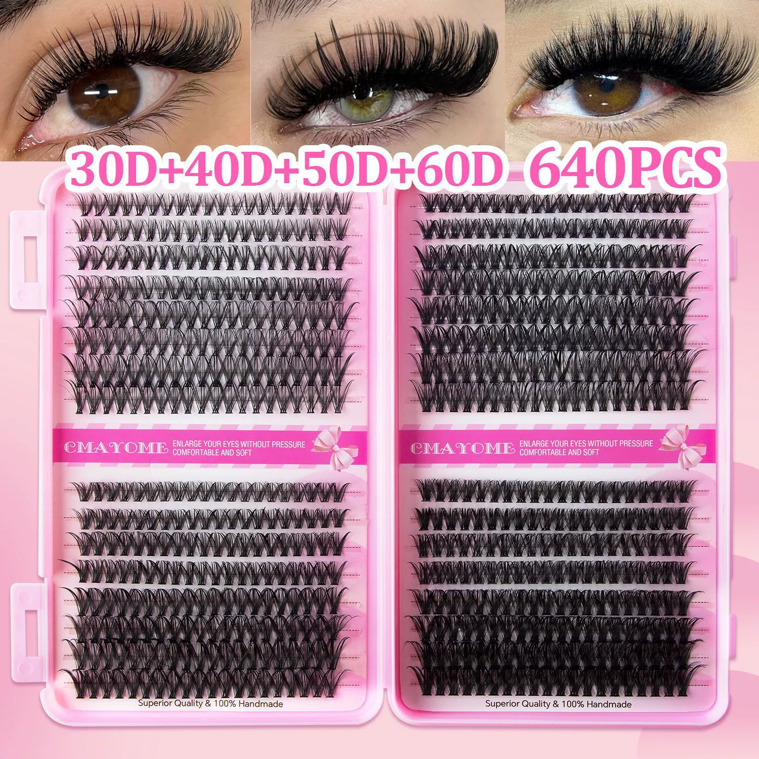 Lash Clusters Kit, 640 Pcs Eyelashes Clusters Extensions Kit 9-16mm Individual Lashes D Curl Fluffy Wispy False Eyelashes, with Bond Seal Remover Tweezers Brush DIY (40D+50D+60D+80D Kit 9-16 mm)