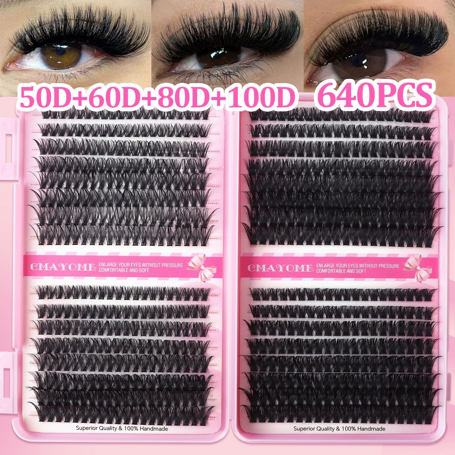 Lash Clusters Kit, 640 Pcs Eyelashes Clusters Extensions Kit 9-16mm Individual Lashes D Curl Fluffy Wispy False Eyelashes, with Bond Seal Remover Tweezers Brush DIY (40D+50D+60D+80D Kit 9-16 mm)