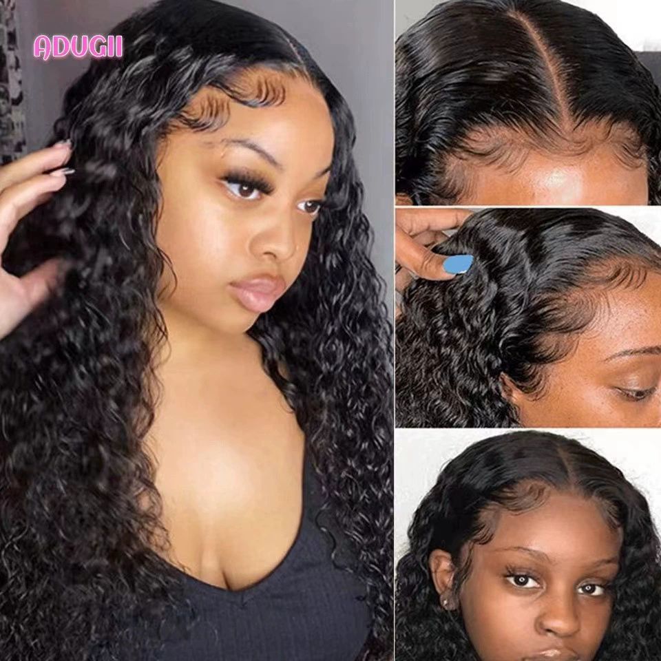 13*4 Water Wave Glueless Human Hair Wig Pre Cut Lace Front Wig Pre Plucked Ready to Go Long Black Wig For Women (18 Inch & Precut Lace)