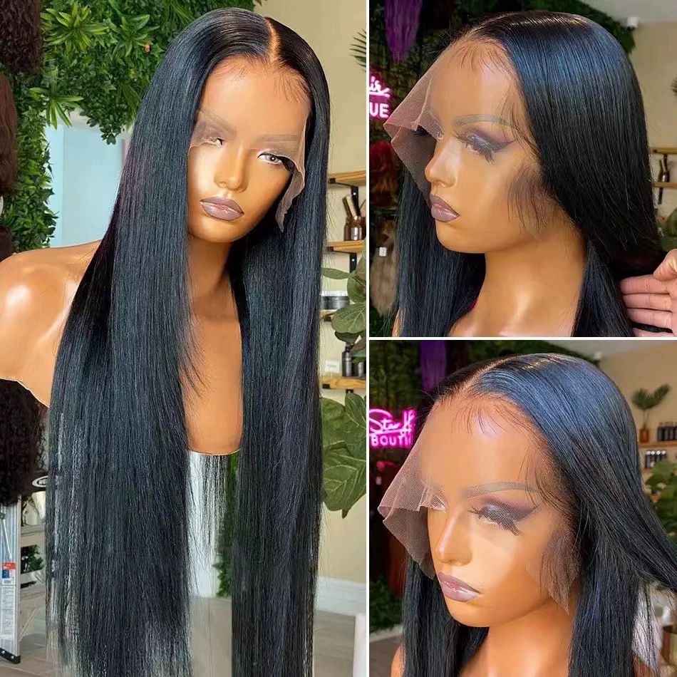 30 Inch 13x6 Straight Lace Front Wigs Thin HD Synthetic Human Hair  Glueless Pre Plucked Bleached Tiny Knots Full Lace Frontal Wig Upgraded 14A Soft Hair 200 Dentisty Black Wig