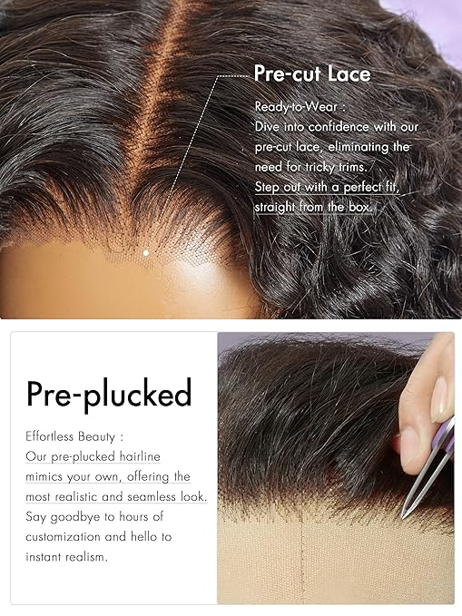 13*4 Water Wave Glueless Human Hair Wig Pre Cut Lace Front Wig Pre Plucked Ready to Go Long Black Wig For Women (18 Inch & Precut Lace)