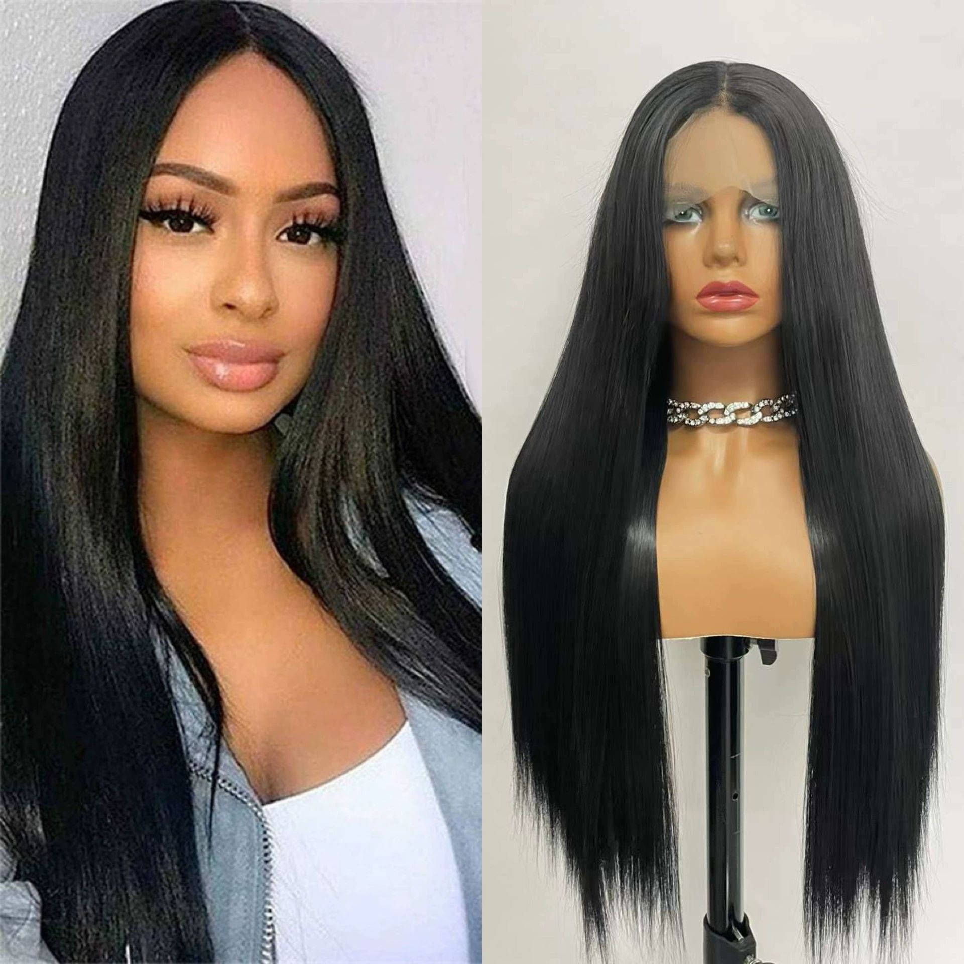 20 Inch Straight Lace Front Wig 210% Density Women Wig Pre Made Glueless Wig Pre Plucked No Glue Wear and Go HD Lace Closure for Beginners (Natural Black)