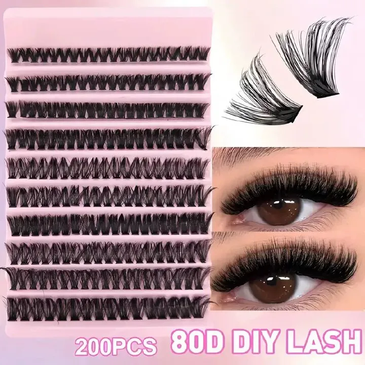 Segmental False Eyelash Set | 200pcs 30D/40D/60D/80D Natural Volume Lash Clusters | DIY at Home, Perfect for Daily and Special Occasions False Eyelashes (80D)With glue+tweezers+brush