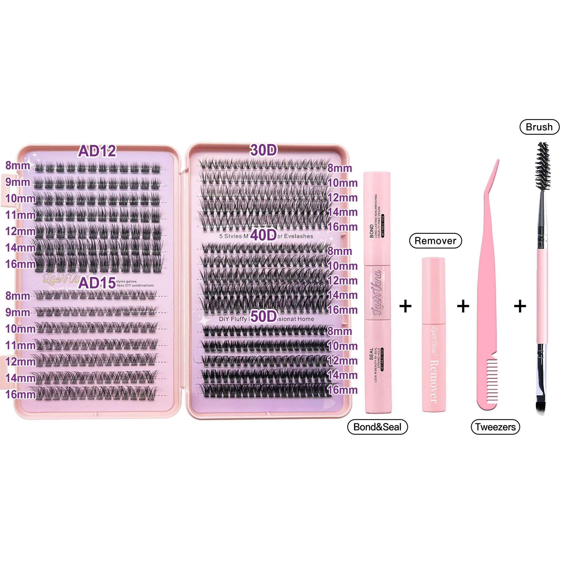 Lash Extension Kit DIY Colored Lash Clusters Kit Cluster Lashes Eyelash Extension Kit Individual Lashes with Lash Bond and Seal,Lash Tweezers Natural Look(30D+40D+50D+40D Colored Kit,9-16mm)