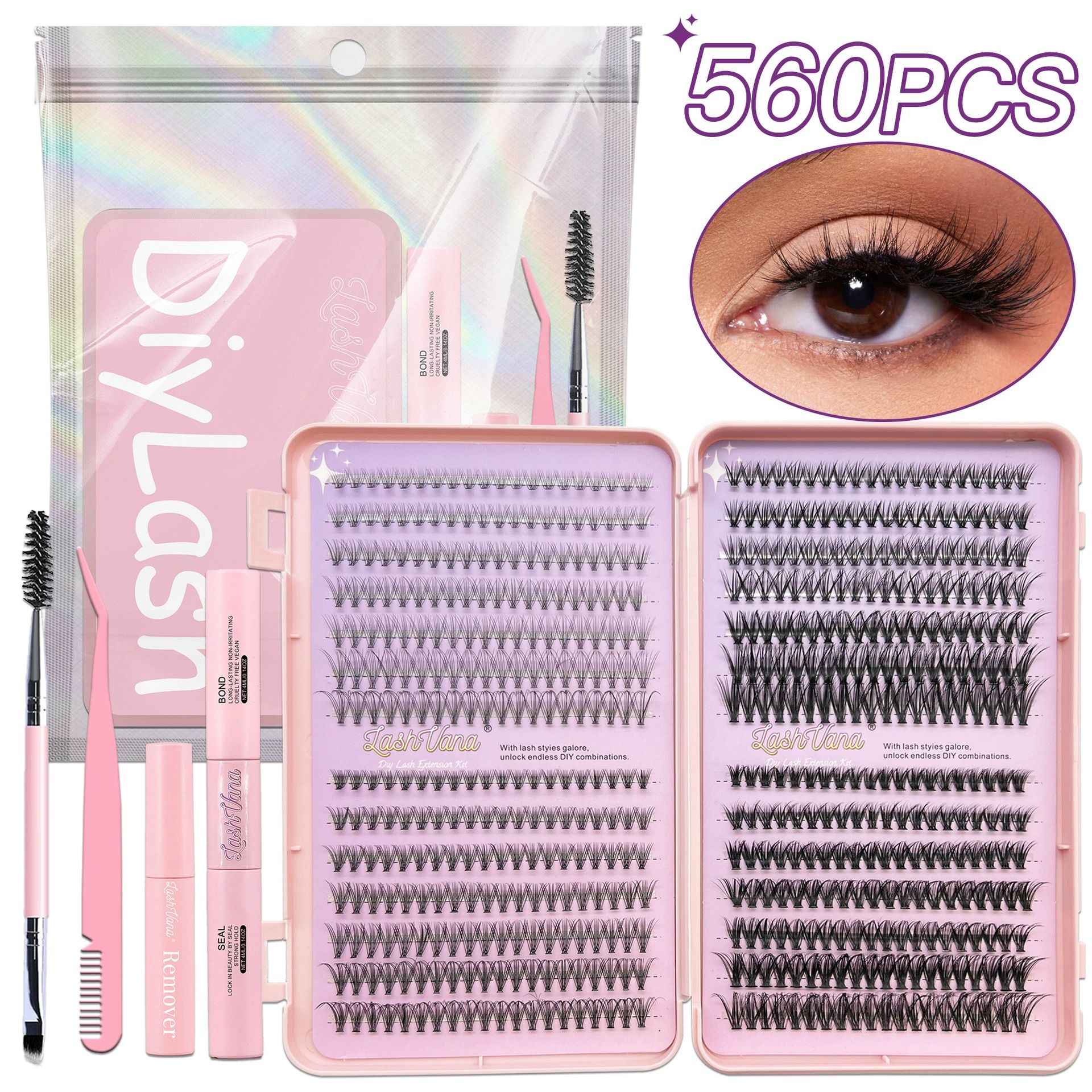 Lash Extension Kit DIY Colored Lash Clusters Kit Cluster Lashes Eyelash Extension Kit Individual Lashes with Lash Bond and Seal,Lash Tweezers Natural Look(30D+40D+50D+40D Colored Kit,9-16mm)