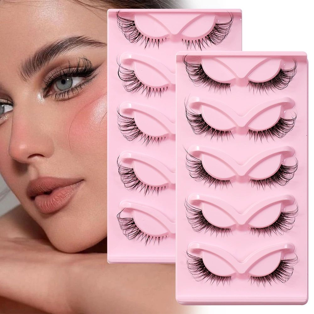5 Pairs Wispy Lashes Pearl False Eyelashes Fluffy Natural Look False Eyelashes Thick Soft Curly Lash Extensions - Easy Application-Pink